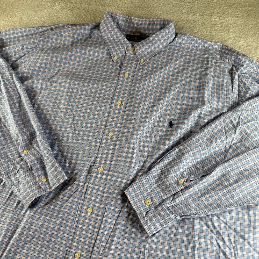 Ralph Lauren Button Down Shirt Mens 3XB Blue Pink Pony Plaid Classic Fit